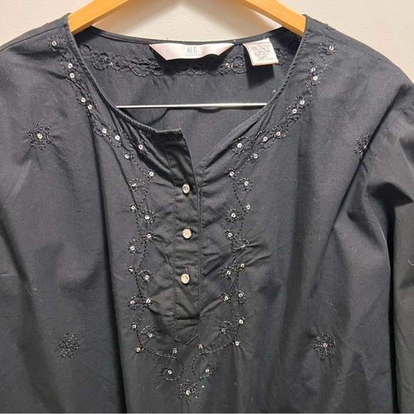 ALC Woman Black 1/4 Button Down 3/4 Sleeve Pullover Lightweight 100% Cotton - Picture 3 of 10